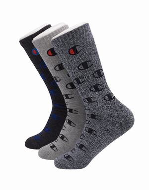 Men's Champion All Over Logo 1-pair Socks Black / Black / Grey | VRFPQ9250