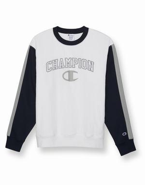 Men's Champion Classic Fleece Arch Script over C Hoodie White / Navy / Grey | XBWME6207