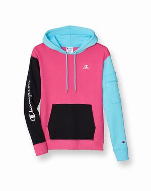 Men's Champion Classic Fleece Cargo Corporate Script Hoodie Pink / Blue / Black | OIAUC7403