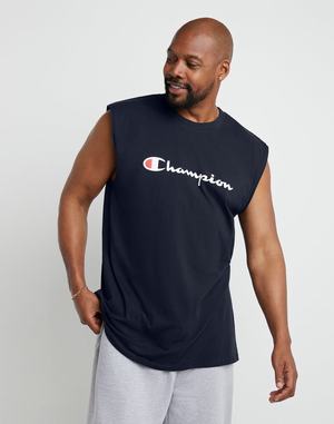 Men's Champion Classic Muscle Script Logo Tops Navy | TZNDH1369