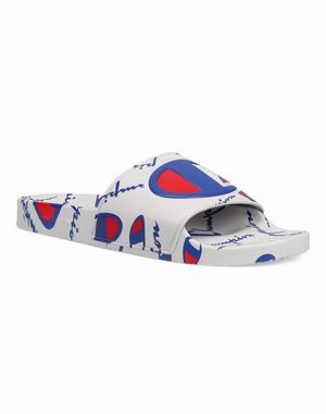 Men's Champion IPO Warped Logos Slides White | GMYFD8912