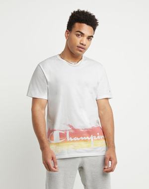 Men's Champion Lightweight Sunset Script T Shirts White | ACSYZ4289