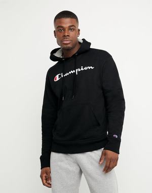 Men's Champion Powerblend Fleece Script Logo Hoodie Navy | GEMLH0235