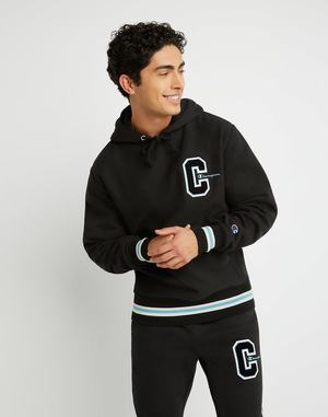 Men's Champion Premium Reverse Weave Chenille C Applique Script Hoodie Black | XLPJQ6049