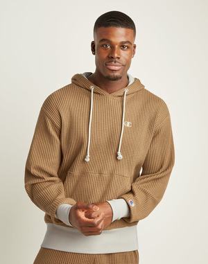 Men's Champion Waffle EmbroideC Logo Hoodie Brown Khaki | AVYGB5890