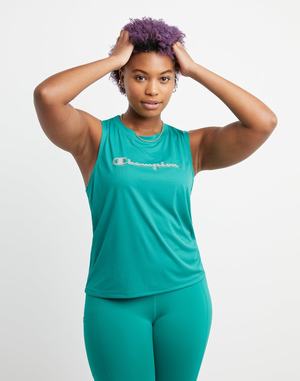 Women's Champion Absolute Muscle BlurLines Script Logo T Shirts Green | KVHDW5782