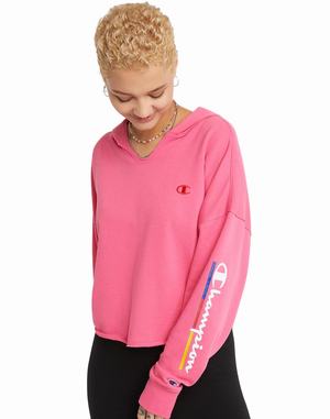 Women's Champion Campus French Terry Split-Neck Underlined Logo Hoodie Red | EAYIV9076