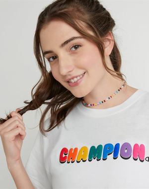 Women's Champion Classic Bubble Script Logo T Shirts White | BKULG0168