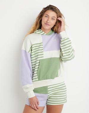 Women's Champion Classic Fleece All Over Print Hoodie Stripes Green | KMDSJ6250