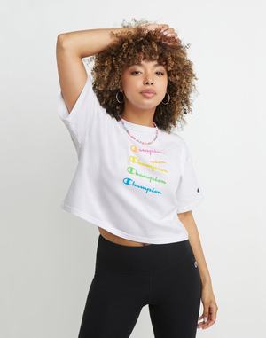 Women's Champion Cropped Heritage Repeating Script T Shirts Black | QTXMF0158