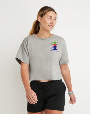 Women's Champion Heritage Cropped Vintage Script Simple C Overlap T Shirts Grey | NAZPV6392