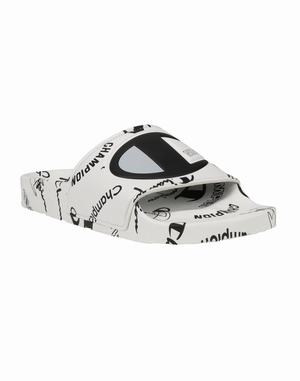 Women's Champion IPO All Over Print Slides White / Black | GJYCT1543