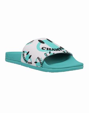 Women's Champion IPO Squish Smile Slides Turquoise / White | HMBFJ9265