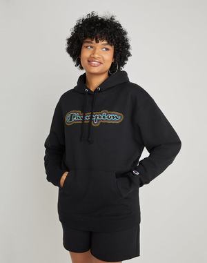 Women's Champion Powerblend Fleece Oversized Echo Script Hoodie Black | CPUDZ7850