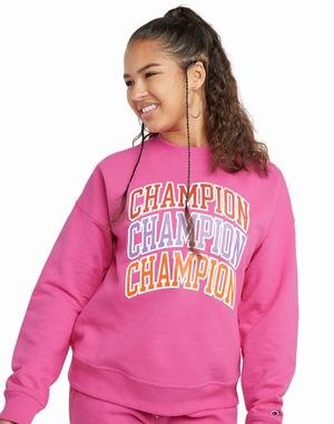 Women's Champion Powerblend Fleece Relaxed Arch Repeat Logo Hoodie Purple | IHZGP8721