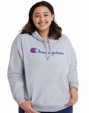 Women's Champion Powerblend Fleece Script Logo Hoodie Grey | VQZXS0639