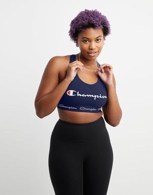 Women's Champion The Authentic Sports Script Logo Bras Black | VIEKZ1784