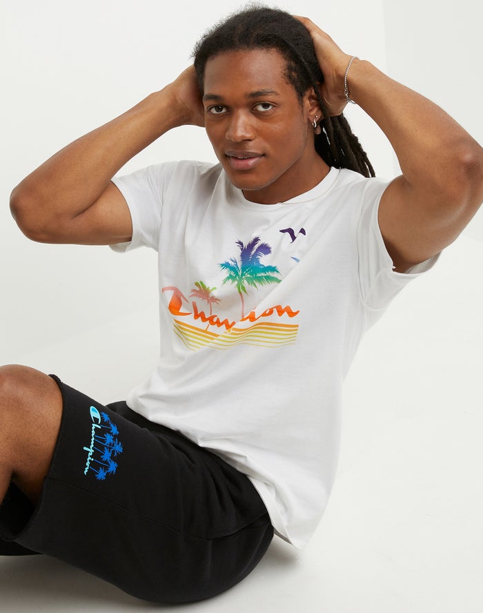 Men's Champion Classic Beach Scene T Shirts White | MVIAQ6157