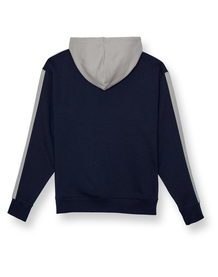 Men's Champion Classic Fleece Piecing Arch Script over C Hoodie Navy / Grey / White | ULZSR6982