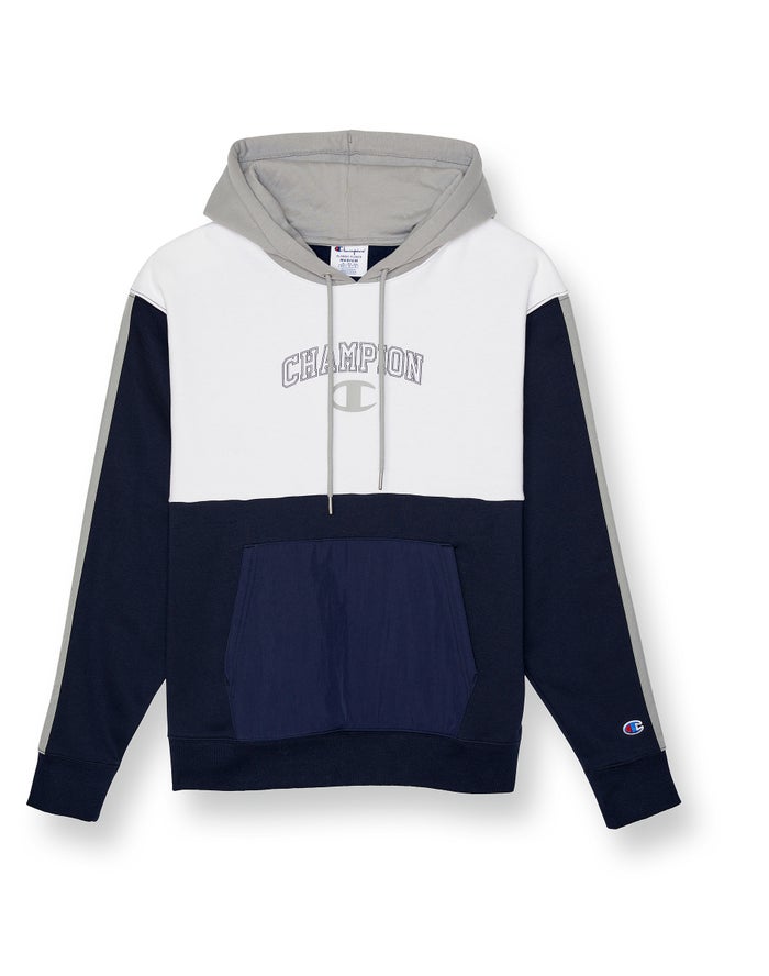 Men\'s Champion Classic Fleece Piecing Arch Script over C Hoodie Navy / Grey / White | ULZSR6982