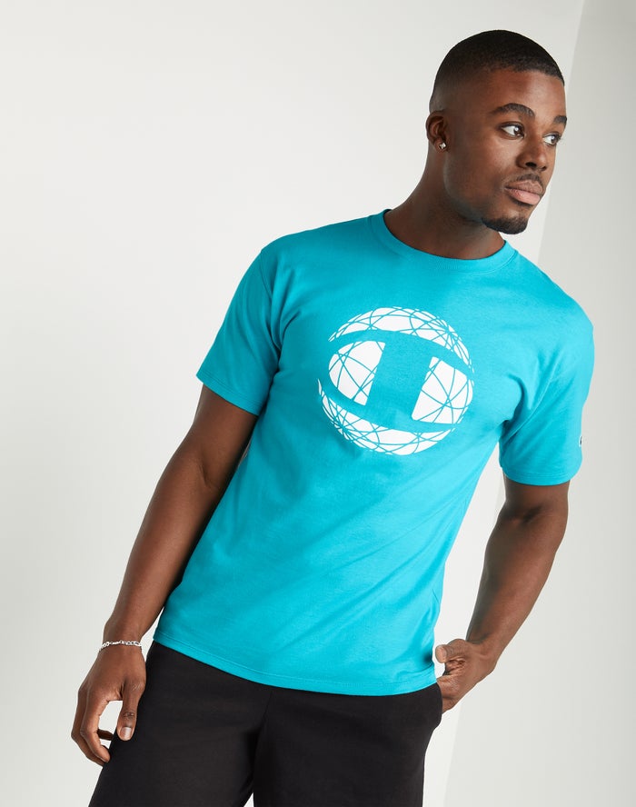 Men's Champion Classic Graphic C Logo Globe T Shirts Blue | IJHKR7164