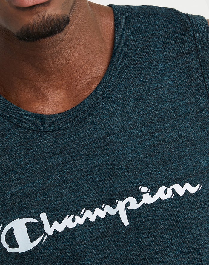 Men's Champion Classic Graphic Powerblend Waves Script Logo T Shirts Black / Blue | EQUTI3598