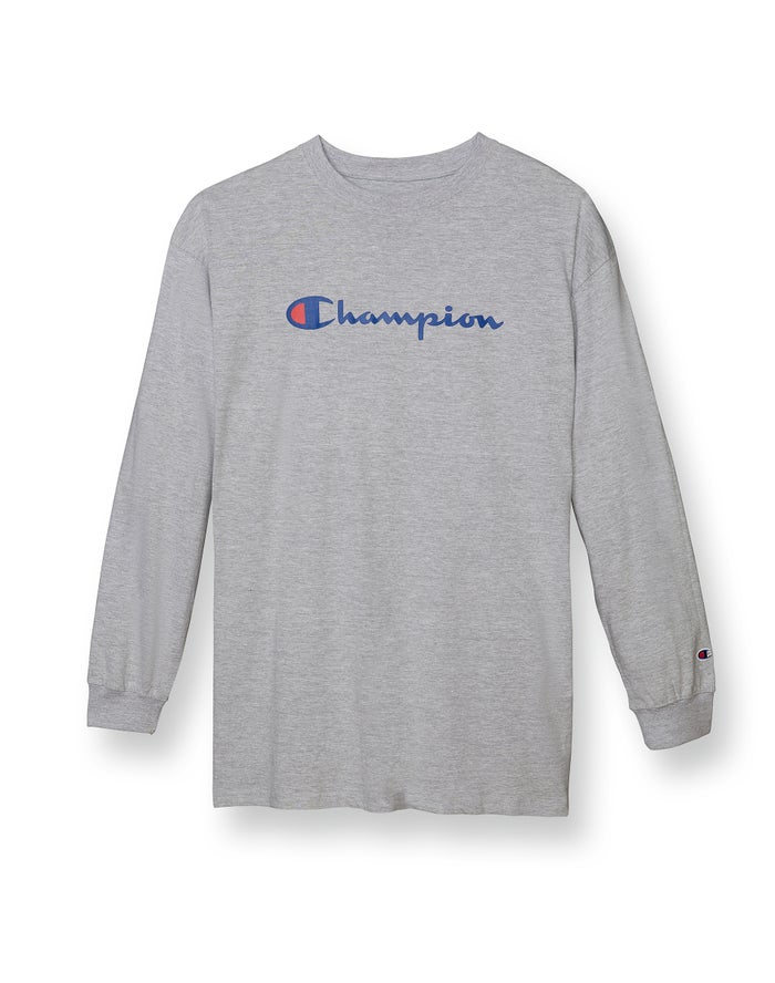 Men\'s Champion Classic Script Logo Tops Grey | NCDKE3067