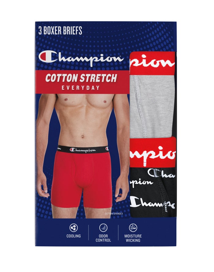 Men's Champion EVERY DAY COTTON STRETCH 3-PAIRS Underwear Grey / Red / Black / White / Red / Black / Red | NRCOI6120