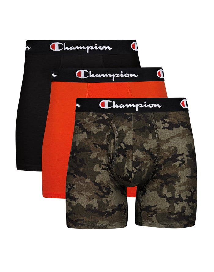 Men\'s Champion EVERY DAY COTTON STRETCH 3-PAIRS Underwear Camo / Black / Orange / Black / Black | TJHQO0486