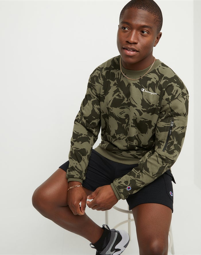 Men's Champion Global Explorer All Over Print Hoodie Camo Olive | ELNCS6042