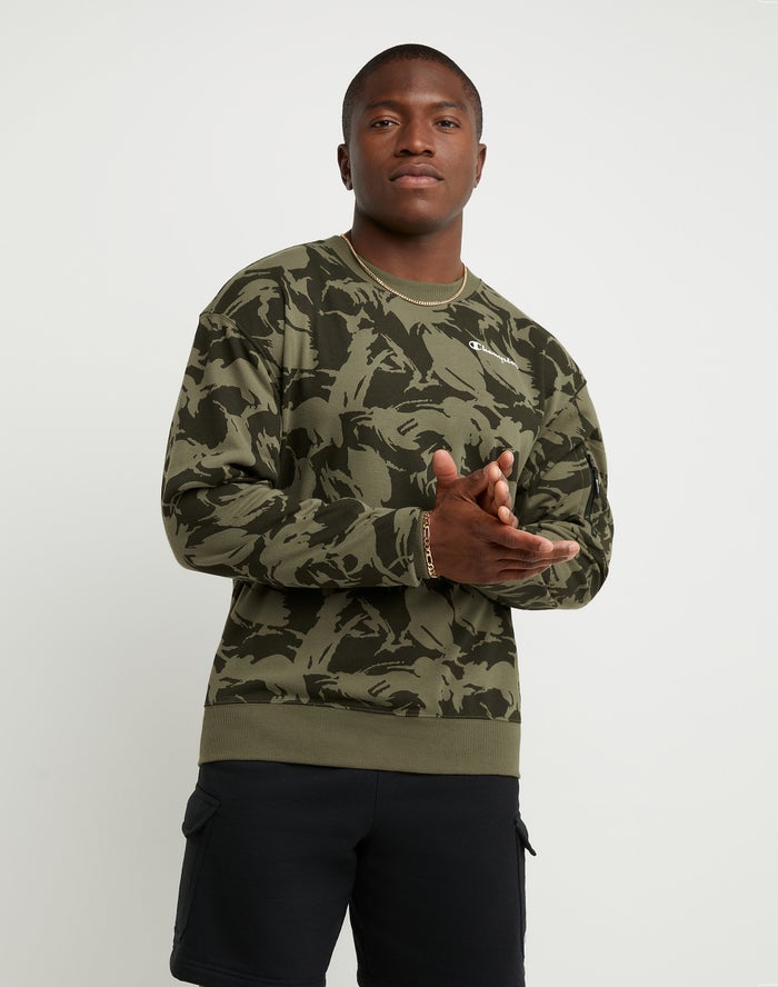 Men\'s Champion Global Explorer All Over Print Hoodie Camo Olive | ELNCS6042