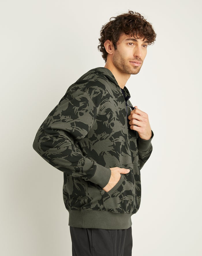 Men's Champion Global Explorer French Terry 1 4 Zip All Over Print Hoodie Camo Olive | ACJHQ6714