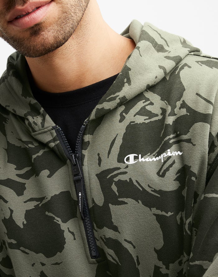 Men's Champion Global Explorer French Terry 1 4 Zip All Over Print Hoodie Camo Olive | ACJHQ6714