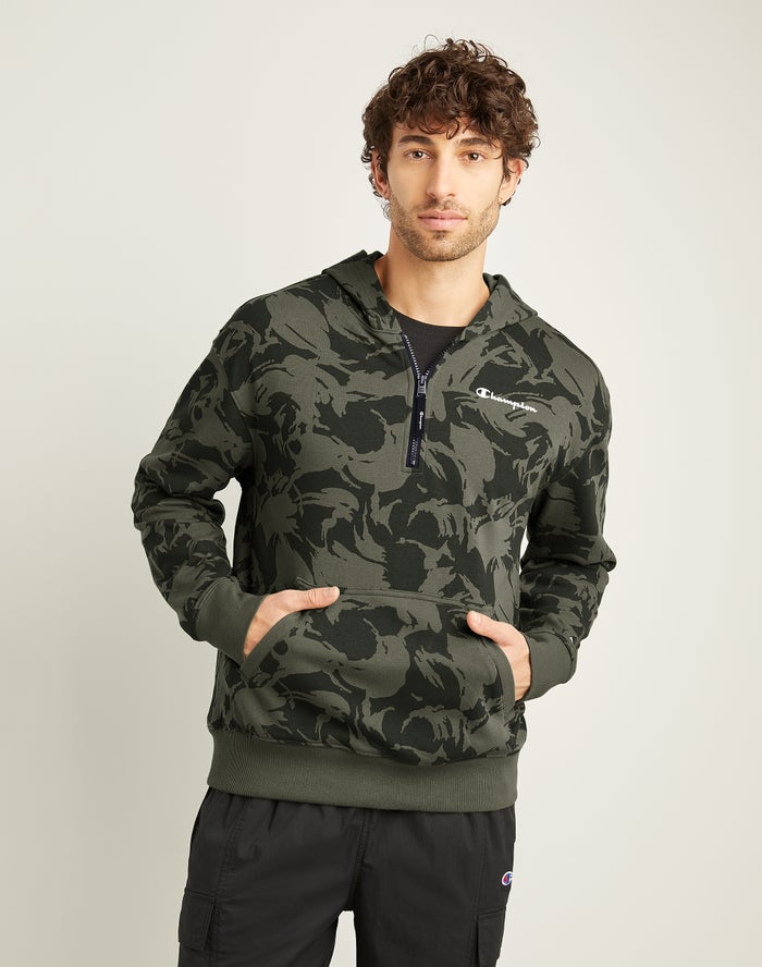 Men\'s Champion Global Explorer French Terry 1 4 Zip All Over Print Hoodie Camo Olive | ACJHQ6714