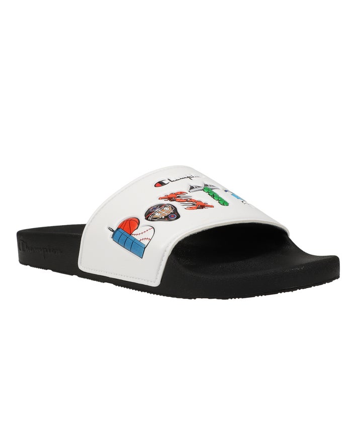 Men\'s Champion IPO Boston Slides White / Black | AYBET1508