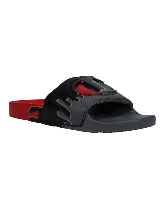 Men\'s Champion IPO Drip Slides Deep Red / Black / Grey | TQRZE6123