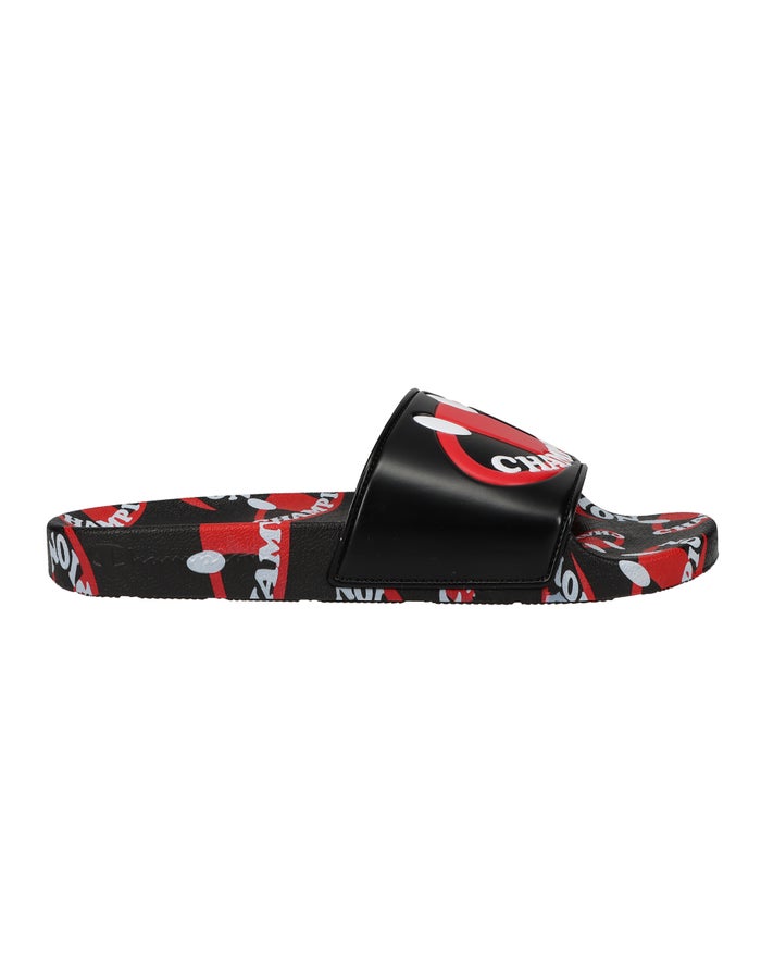 Men's Champion IPO Smile Slides Black / Deep Red | QSKGY2046