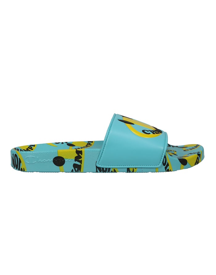 Men's Champion IPO Smile Slides Light Turquoise Blue | SYDVH0361