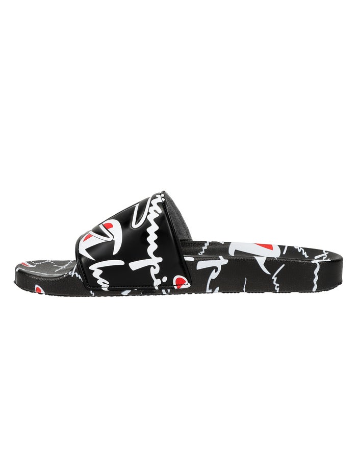 Men's Champion IPO Warped Logos Slides Black | VAWMB7951