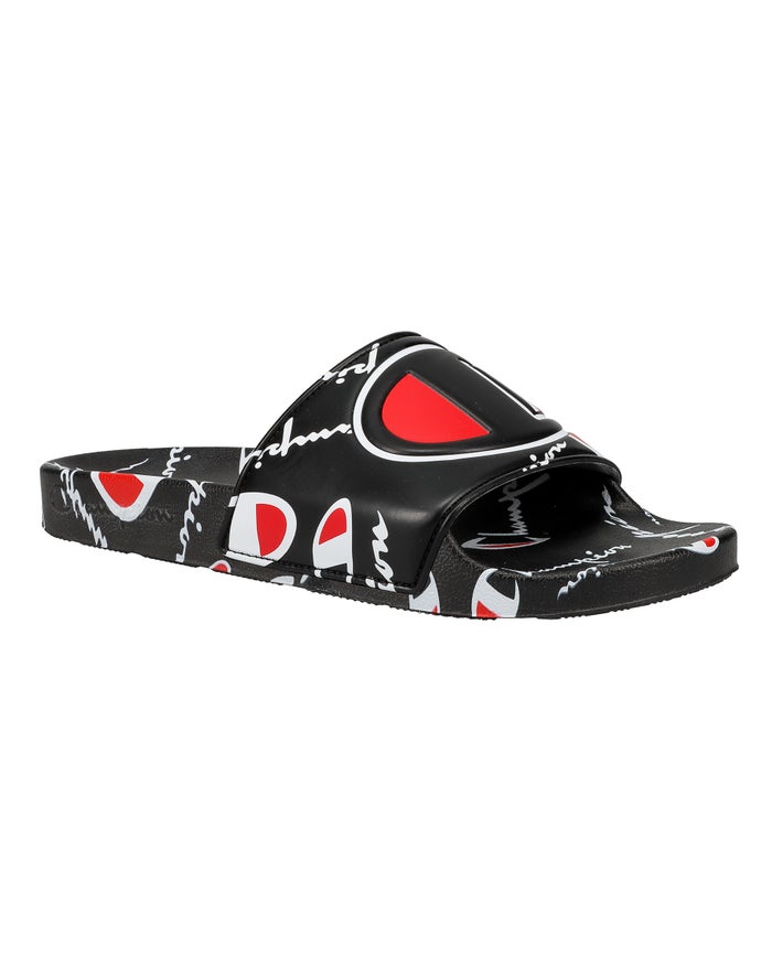 Men\'s Champion IPO Warped Logos Slides Black | VAWMB7951