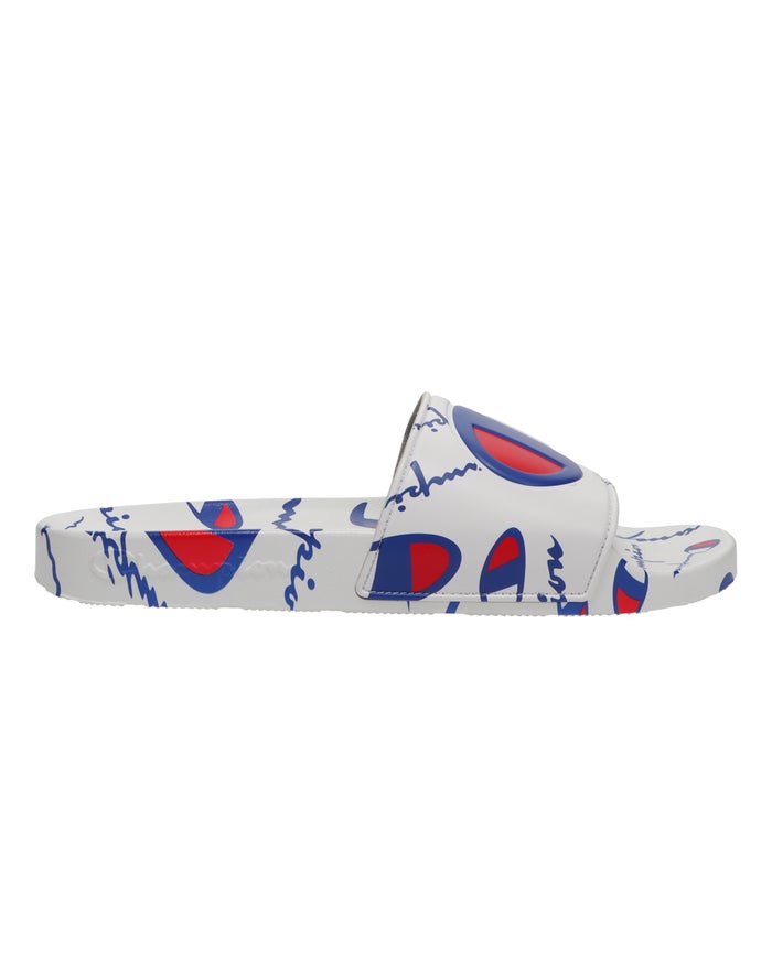 Men's Champion IPO Warped Logos Slides White | GMYFD8912