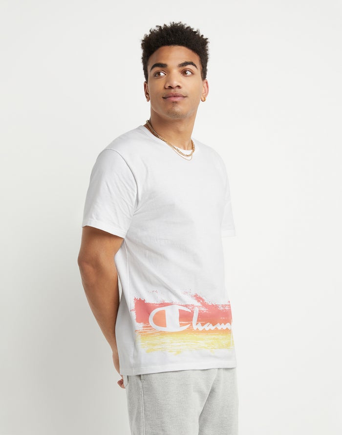 Men's Champion Lightweight Sunset Script T Shirts White | ACSYZ4289