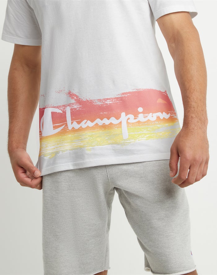 Men's Champion Lightweight Sunset Script T Shirts White | ACSYZ4289