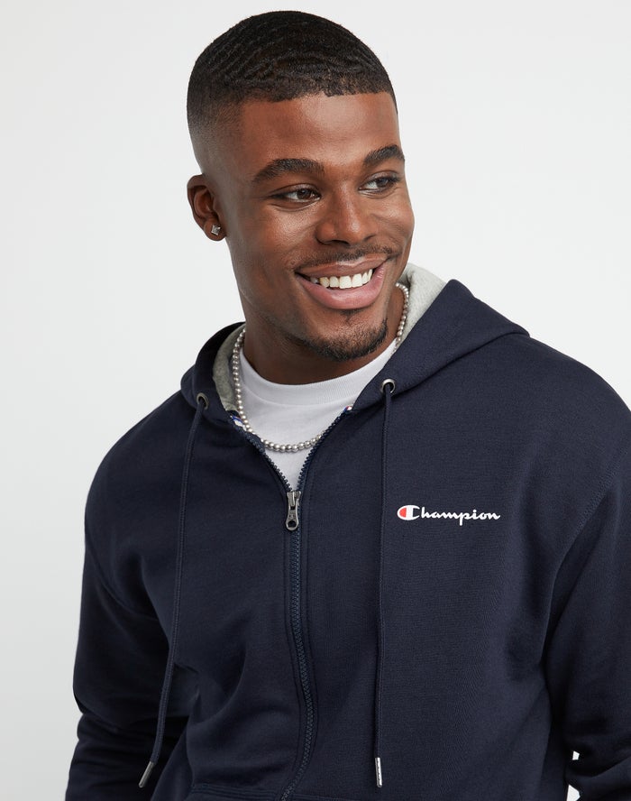 Men's Champion POWERBLEND FLEECE FULL ZIP SCRIPT LOGO Hoodie Blue | TVLBQ5127