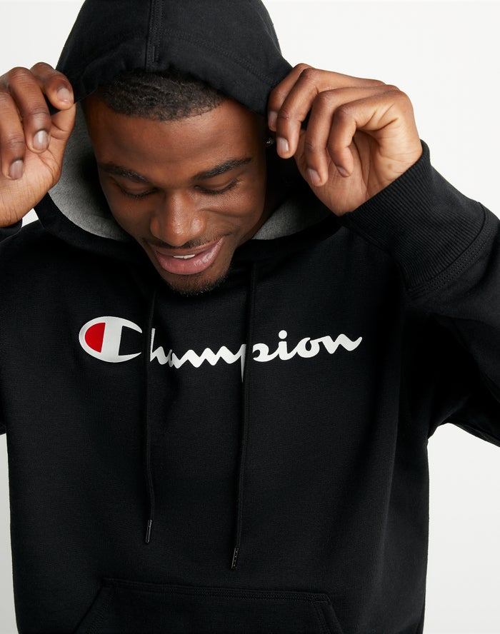 Men's Champion Powerblend Fleece Script Logo Hoodie Navy | GEMLH0235