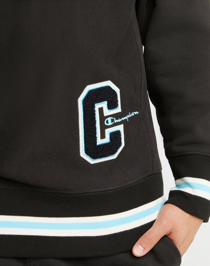 Men's Champion Premium Reverse Weave Chenille C Applique Script Hoodie Black | EKONZ3246