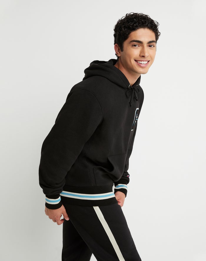 Men's Champion Premium Reverse Weave Chenille C Applique Script Hoodie Black | XLPJQ6049