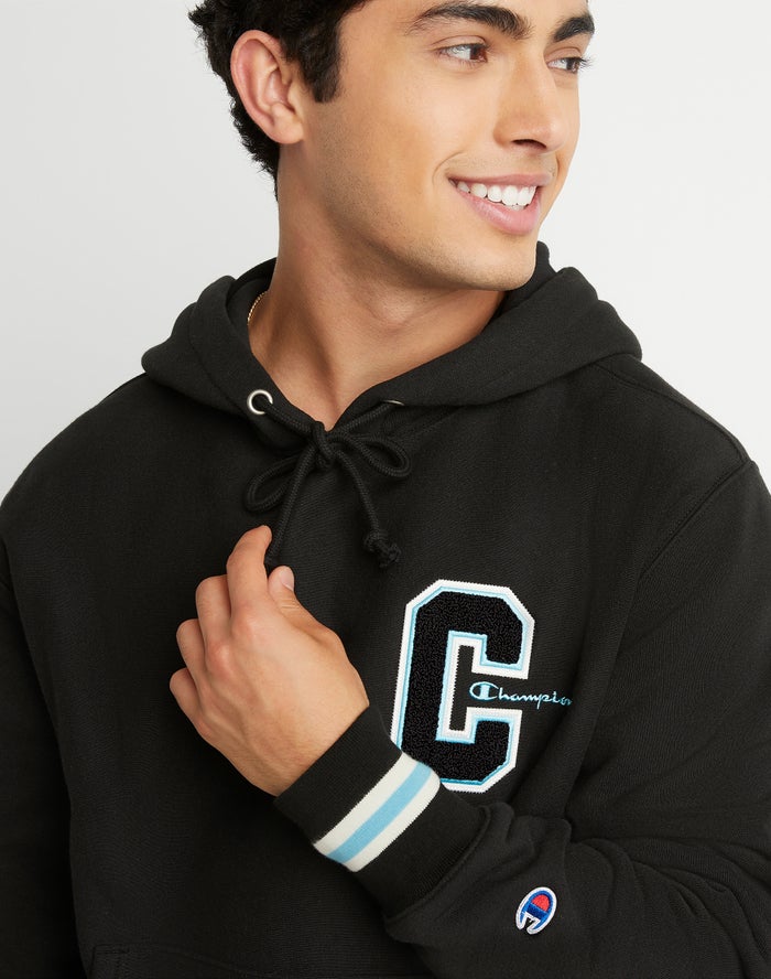 Men's Champion Premium Reverse Weave Chenille C Applique Script Hoodie Black | XLPJQ6049