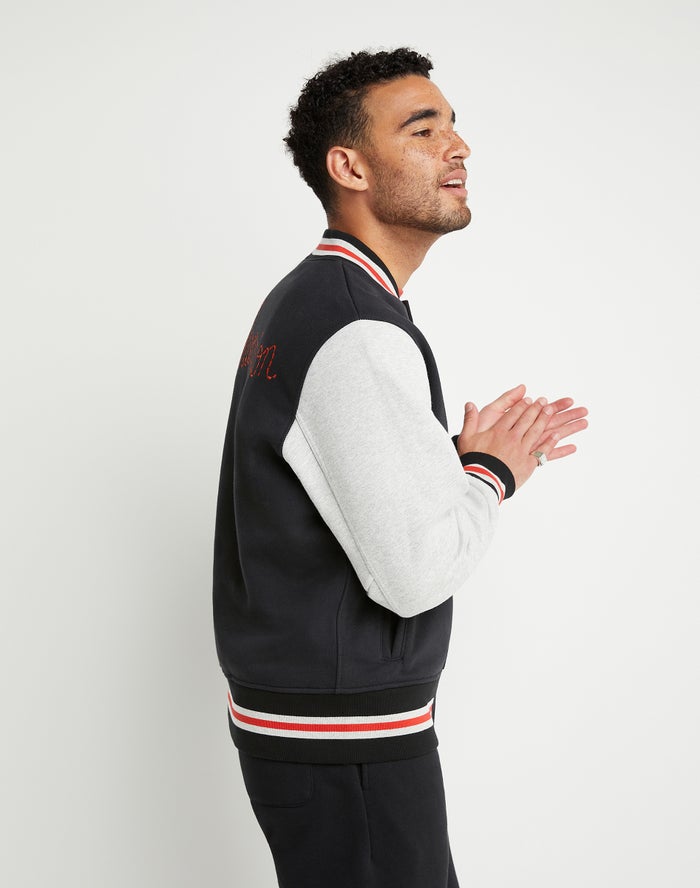 Men's Champion Reverse Weave Letterman's Chenille C Applique EmbroideScript Jackets Black / Grey | HDUMA5169