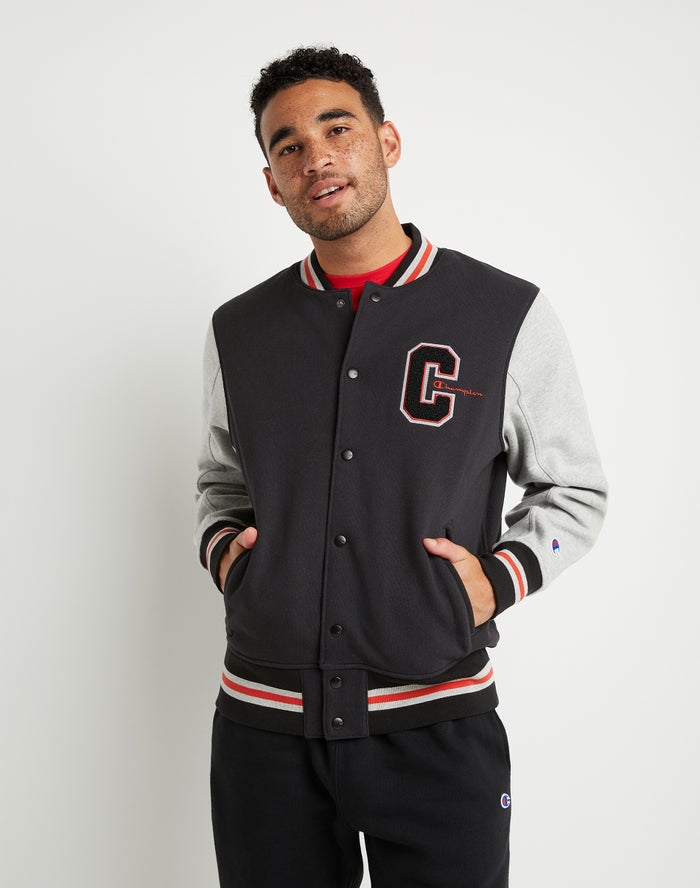 Men\'s Champion Reverse Weave Letterman\'s Chenille C Applique EmbroideScript Jackets Black / Grey | HDUMA5169